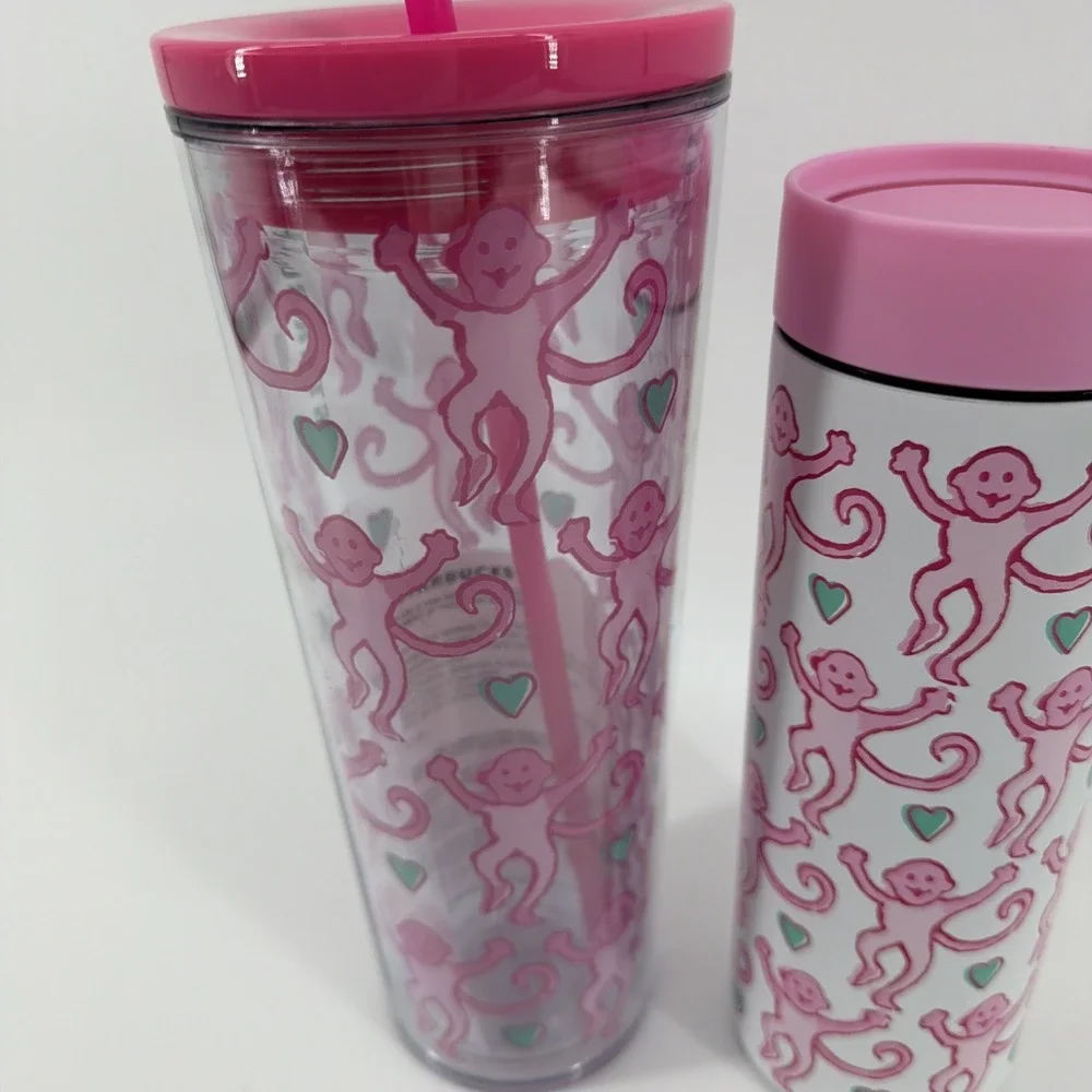 💞SET OF 2-  Starbucks x Roller Rabbit Pink Monkey Tumbler & Cup NEW 2025
